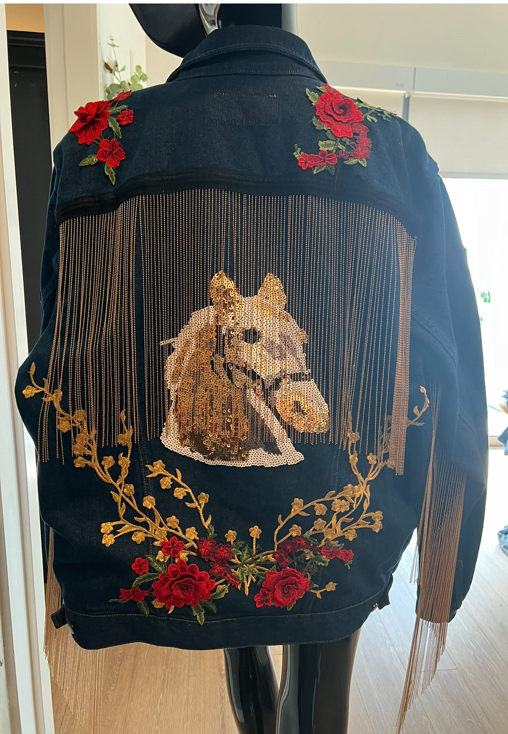 FULL CUSTOM: DENIM JACKET WITH ADDED CRYSTALS, FEATHERS, FRINGE